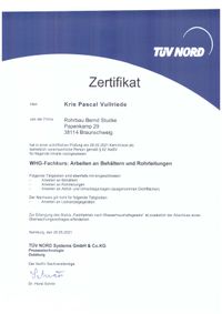 Rohrbau Bernd Stucke, Diepholz, Zertifikat, Druckgeräteprüfungen, Baustelle, Werkstoffe, TÜV, Rohrsanierung